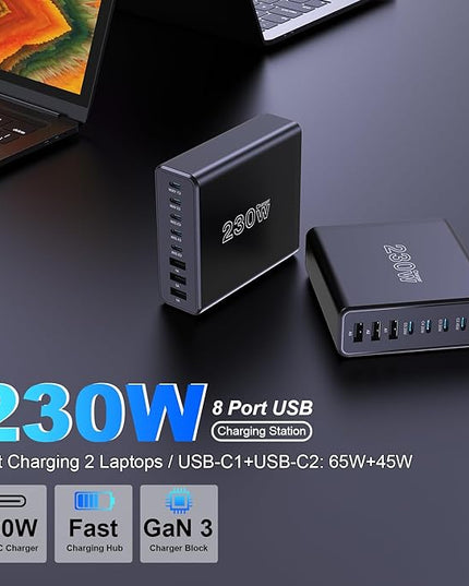230W USB C Charging Station, Graaci Compact 8 Ports GaN Desktop Charger, PD 100W PPS 45W Super Fast Charger, Laptop Wall Charger Block for MacBook Pro, iPad, iPhone 15/14, Galaxy S24/S23, and More