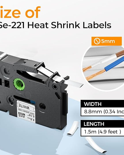 HSe-221 Compatible with Brother Heat Shrink Label HSe221 P Touch Heat Shrink Tubing 8.8mm 0.35'' HSe Wire Cable Labels for Brother PT-E300 E500 P900 P750WVP, 3-Pack, Black on White