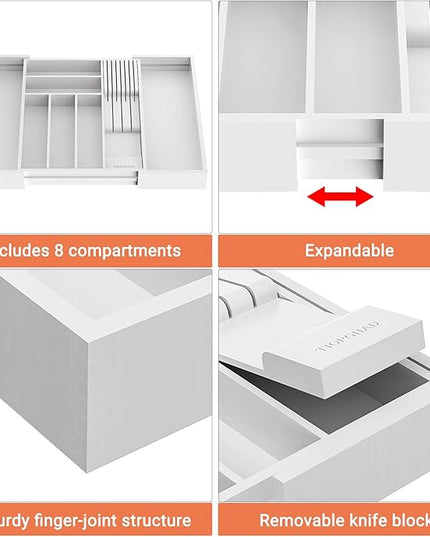 Bamboo-Silverware-Drawer-Organizer-Kitchen, Expandable Utensil Holder Cutlery Tray Flatware Organization Adjustable Wood Tableware Dividers Storage (with Removable Knife Block)(White)