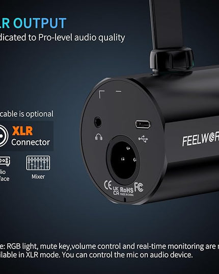 FEELWORLD PM1 XLR USB Dynamic Microphone with Desktop Stand Gifts for Podcast Recording PC Computer Gaming Live Streaming Vocal Voice-Over, Studio Metal Mic, RGB Light, Mute Button, Headphones Jack