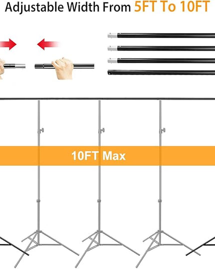 10ft Adjustable Backdrop Stand Kit, Heavy-Duty Photography Background Support System with Clamps & Carry Bag, Photo Video Studio Backdrop Stand for Parties, Weddings, Green Screen & Banner Display