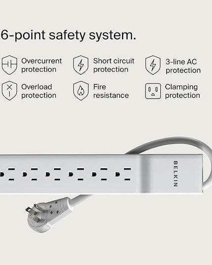 Belkin 6-Outlet Power Strip Surge Protector w/Flat Rotating Plug, 6ft Cord – Ideal for Personal Electronics, Small Appliances and More (1080 Joules), White, 6' - 6 Pack