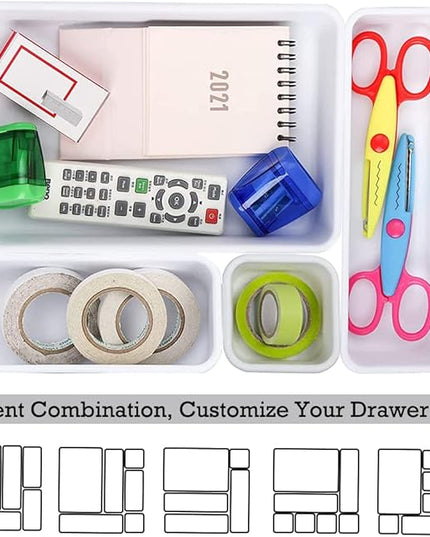 BOPART 25pcs Drawer Organizer Trays for Makeup Jewelries or Gadgets Storage Bins Interlocking for Office, Bedroom Dresser, Bathroom Vanity, Kitchen Junk Drawers Organization - White