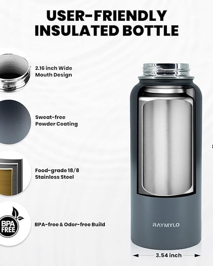 Insulated Water Bottle 32 oz, Triple Wall Vacuum Stainless Steel (Cold for 48 Hrs), Leak Proof & Non-BPA, Modern Water Flask Jug with Paracord Handle & Straw Spout Lids, Dark Grey