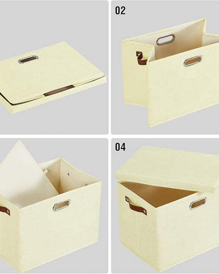 17" Large Collapsible Storage Bins with Lids, Stackable Closet Organizers with PU Handle and Labels, 3-Pack Decorative Fabric Storage Boxes for Home, Bedroom, Closet, Office, Nursery(Beige)