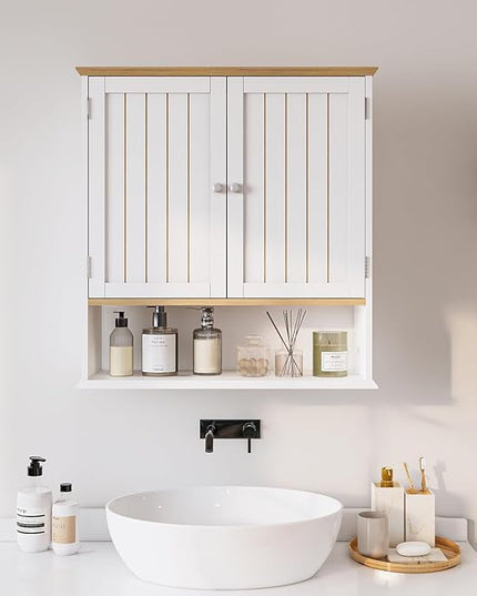 Over The Toilet Bathroom Wall Cabinet with 2 Doors & Open Shelf – Space Saving Medicine Cabinet, Wooden Wall Mounted Storage Cupboard for Bathroom Organization White