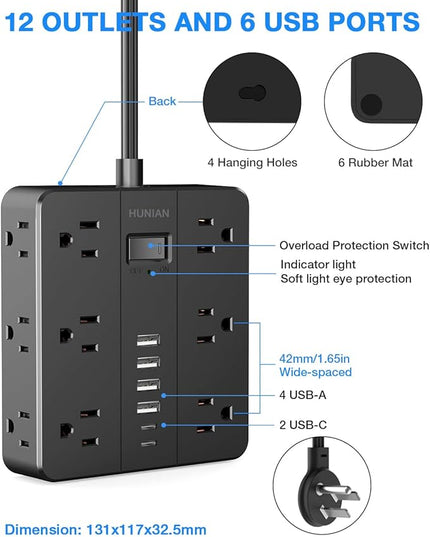 Surge Protector Power Strip 15 Ft Cord, HUNIAN Flat Plug Extension Cord with 12 Widely Spaced Outlets 6 USB Charger (2 USB C Ports), Desk Charging Station for Home Office Supplies, Dorm Room, Black
