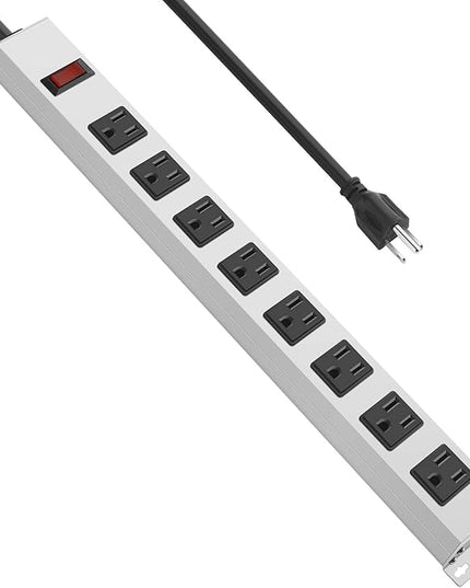 JUNNUJ Metal 8 Outlet Power Strip, Mountable Heavy Duty Power Strip, 1200J Surge Protector Wall Mount Screws Outlet with Switch, Gaming Desk Strips Wide Spaced 15A 125V 1875W, 10 FT 14AWG Power Cord