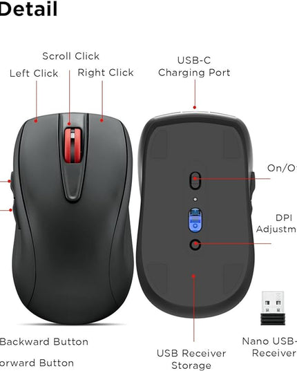 Lenovo USB-C Rechargeable Silent Mouse (WL500) - Silent Buttons, USB-C Rechargeable, Ambidextrous Grip, Adjustable DPI - Plug-and-Play 2.4G Receiver Computer Mouse (Black)