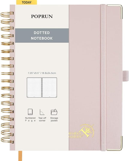 POPRUN Spiral Bullet Dotted Journal Notebook, 7-1/4" x 9-1/2" - 120 GSM Thick Paper, 220 Numbered Pages, Hardcover for Men & Women with Pocket, Index Tabs, 8 Perforated Sheets, Light Pink