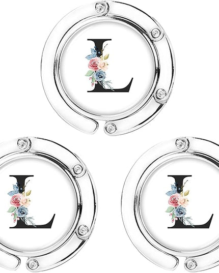 Iqimott 3pcs Personalized Initial Foldable Purse Hook for Table, Flower Letter Folding Handbag Hanger Portable Magnet Table Hook Holder, Collection Desk Purse Hooks for Women Bag (Black-L)
