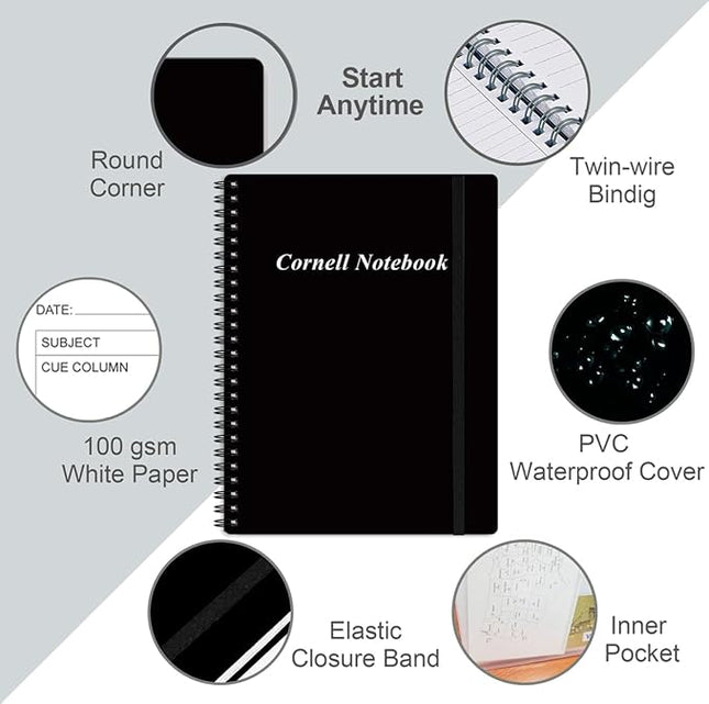 Yaridar A4 Cornell Notes Notebook - Spiral Cornell Notebooks for Note Taking, Subject College Ruled Notebook Steno Pads for Office/School/College/Home, 8.5" x 11", Black