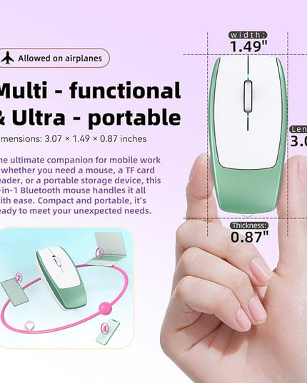 Mini 2-in-1 Wireless Bluetooth Mouse & TF Card Reader - 8GB TF Card Included, Type-C to USB Adapter, Rechargeable, Ultra-Compact (78×38×22mm), Perfect for Travel, Office & On-The-Go, Green