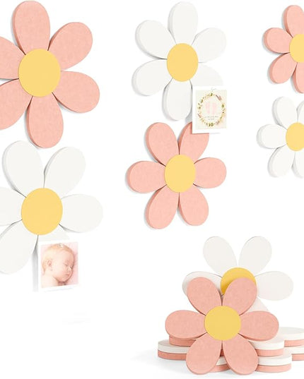 Fluxynara 6 PCS Daisy Felt Flower Wall Decor, Daisy Bulletin Board for Nursery & Girl Room, 3-Size Acoustic Felt Wall Art for Bedroom, Baby’s Room, Kids’ Spaces, Pink/White