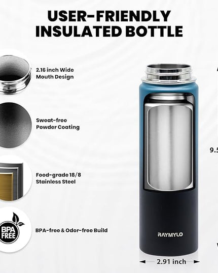 Insulated Water Bottle 20 oz, Triple Wall Vacuum Stainless Steel (Cold for 48 Hrs), Leak Proof & Non-BPA, Kids Water Bottle Jug for School with Straw Spout Lids, Indigo/Black