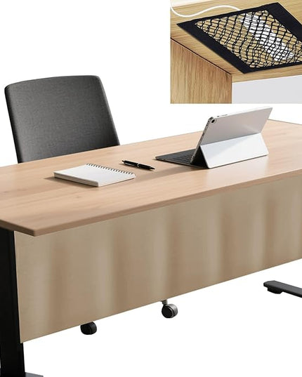 Icegrey 28" Under Desk Privacy Panel with Cable Management Organizer Net Self-Adhesive Modesty Panel for Cord Organizer Pockets and Desk Skirt for Home Office or Standing Workstation, Khaki