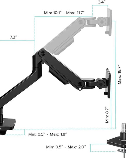 ARES WING Ultrawide Monitor Arm with USB A/C, for 17 to 49 inch Heavy Duty Screen, Holds 44 lbs, Adjustable Gas Spring Arm Desk Mount with Clamp and Grommet Base, Black