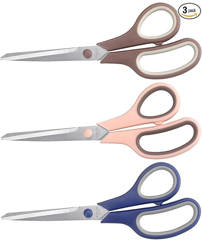 Scissors 8.5 Inch scissors all purpose Bulk Set of 3, Scissors for Office Home School Craft Supplies, Soft Comfort-Grip Right/Left Hand, Navy Blue, Pink, Brown