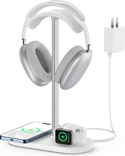 Universal Headphone Stand, Magnetic Wireless Charger for iPhones/AirPods/iWatch, Aluminum Alloy Rod, Leather Pad, ABS Solid Base, White