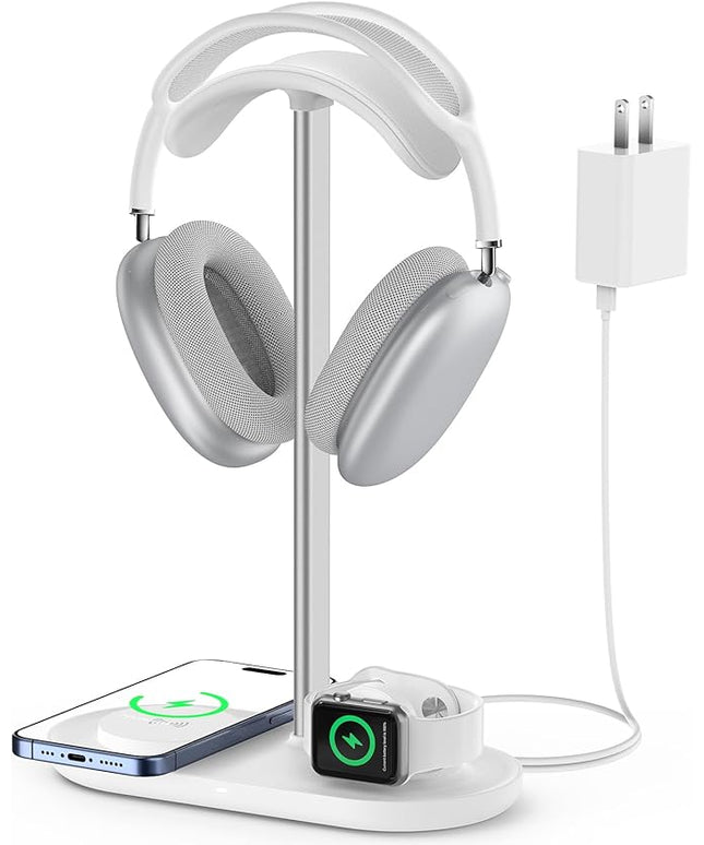 Universal Headphone Stand, Magnetic Wireless Charger for iPhones/AirPods/iWatch, Aluminum Alloy Rod, Leather Pad, ABS Solid Base, White
