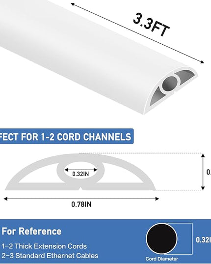 Floor Cord Cover Self Adhesive Cord Hider Floor Extension Cord Covers for Floor Power Cord Protector Cable Management Prevent Cable Trips Cable Cavity 0.32" W x 0.32" H (White, 3.3Ft)