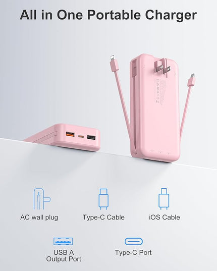 20000mAh Ultra-Portable-Charger-Power-Bank PD20W with Built in Cables&AC Wall Plug,Fast Charging Cell Phone Charger Battery Pack,LED Display Travel Battery Bank for All iPhone,Samsung,Android