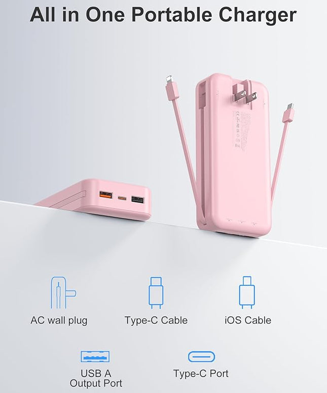 20000mAh Ultra-Portable-Charger-Power-Bank PD20W with Built in Cables&AC Wall Plug,Fast Charging Cell Phone Charger Battery Pack,LED Display Travel Battery Bank for All iPhone,Samsung,Android