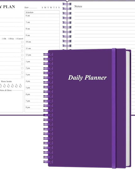 Daily Planner Undated - A5 To Do List Notebook Hourly Schedules, Spiral Appointment Planner for Women and Men, PVC Hardcover, Inner Pocket, Elastic Closure, 5.8" x 8.3", Purple