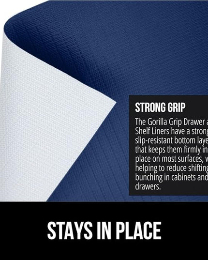 GORILLA GRIP DripGuard Shelf Liner, Non Adhesive Drawer and Kitchen Cabinet Protector, Slip Resistant BPA Free Smooth Surface Plastic Liners for Cabinets, Bathrooms, Closets, 17.5x120 Inch, Navy Blue