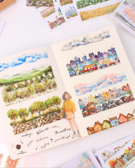 20 Sheets Nature Landscape Pre-Cut Journaling Stickers Book for Junk Journaling, Scrapbooking, Collage, Planner, Album, Transparent PET and Washi Stickers for Adults