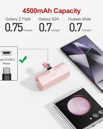 iWALK Small USB-C Portable Charger, 4500mAh Portable Charger for iPhone 16/15 16 Plus 16 Pro Max Mini Power Bank for Samsung Galaxy S25 S24 S23, Z Flip 5, Note, Moto, LG, Google Pixel, Pink