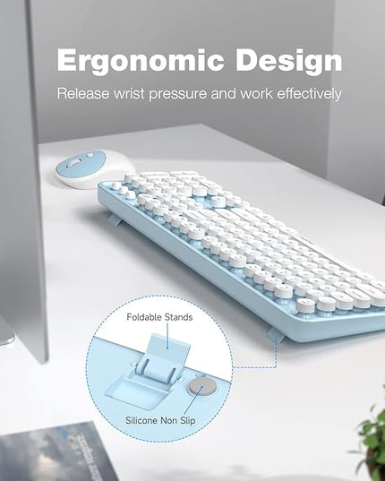 MOFII Wireless Keyboard and Mouse Combo, Computer Full Size 2.4G Plug and Play Wireless Typewriter Retro Round Keyboard and Mouse Set for Windows, Computer, Desktop, PC, Notebook - (Light Blue)
