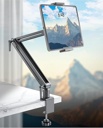 Jakeko Adjustable Tablet Mount for Desk - 360 Degree Rotating Base Tall Arm Holder Stand Swivel Flexible Clamp Soporte para Tablet/Portable Monitor/Ebook