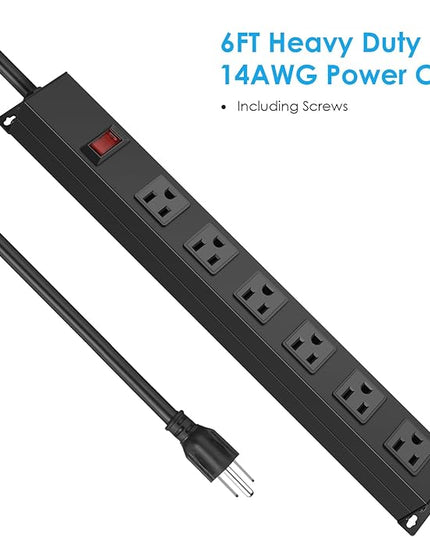 3Pack Metal Wall Mount Power Strip, Mountable Power Outlet with 6 AC Outlets, Aluminum Alloy Mount Power Socket with Switch, 6 FT SJT 3/C 14AWG Power Cord, 15A 125V 1875W (6AC)