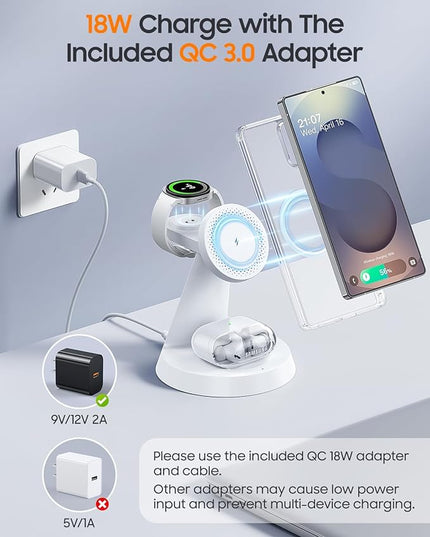 Magnetic Wireless Charger for Samsung, 3 in 1 Charging Station Compatible with MagSafe Charger for Samsung Galaxy S25 Ultra Z Fold7/Flip7, Watch Charger Stand for Galaxy Watch Ultra 8, for buds, White