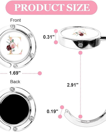 XSUIOY 3Pcs Personalized Initial Foldable Purse Hook for Table,Crushed Flower Letters Folding Purse Hanger,Purse Holder Handbag Hanger Collection Desk Table Bag Hooks Gifts for Women Bag(Pink-E)