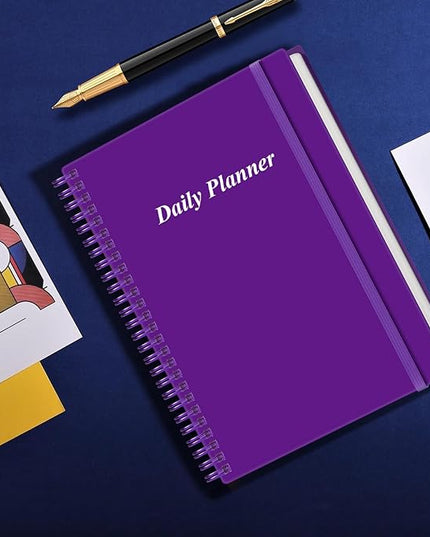 Daily Planner Undated - B5 To Do List Notebook Hourly Schedules, Spiral Appointment Planner for Women and Men, PVC Hardcover, Inner Pocket, Elastic Closure, 7" x 10", Purple