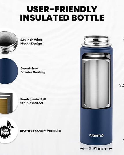 Insulated Water Bottle 20 oz, Triple Wall Vacuum Stainless Steel (Cold for 48 Hrs), Leak Proof & Non-BPA, Kids Water Bottle Jug for School with Straw Spout Lids, Navy Blue