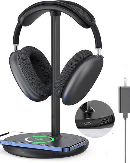 Miroddi Headphone Stand with Wireless Charger, Independent USB Charging Port, 5 in 1 Charging Station Headset Holder Rack for AirPods Max/Pro/4/3/2, iWatch, iPhone, Samsung and Desk Headphones, Black