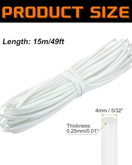 MECCANIXITY 49ft Braided Cable Sleeve, 5/32" ID 200C High Temperature 1500V Fiberglass Wire Insulation Cord Protector Organizer Wires Management for Motor Engine Fuel Line, White