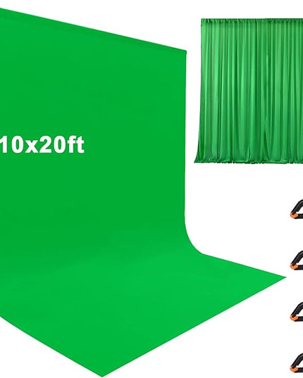 10X20ft Large Green Screen Backdrop for Photography, LCUIRC Two Rod Pocket Chromakey Collapsible Green Polyester Curtain with 4 Clamps for Photography, Zoom Meeting and Game Live Steaming