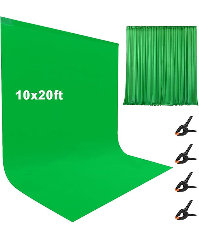 10X20ft Large Green Screen Backdrop for Photography, LCUIRC Two Rod Pocket Chromakey Collapsible Green Polyester Curtain with 4 Clamps for Photography, Zoom Meeting and Game Live Steaming