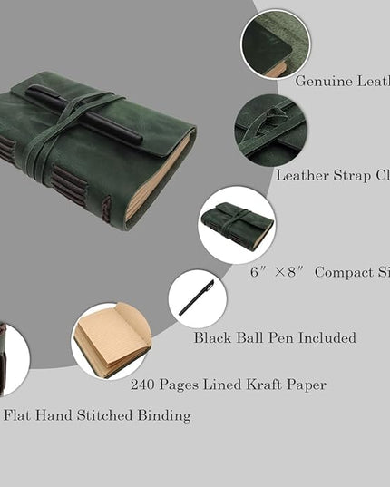Green Notebook Journal - Nice Genuine Leather Journaling for write A5 Size Diary 6.2x8.5 Inch,Notepad For Women,Man,Vintage,Gifts,Work,Traveler,Personal, Dark Green