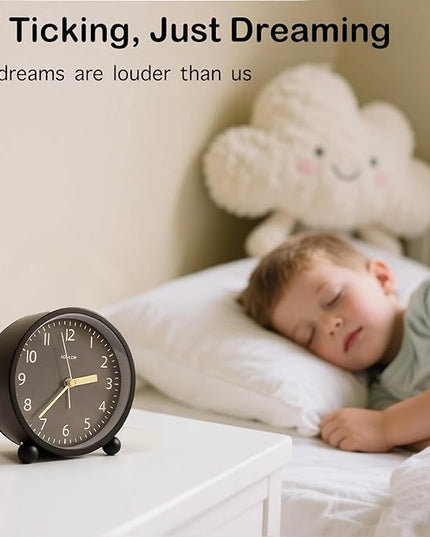 AOKILOM Analog Alarm Clock, Non-Ticking Silent Travel Small Clock, Battery Operated with On-Demand Light, Easy Set Gentle Wake, Ideal Decor for Bedroom, Bedside, Desk,Office (Black)
