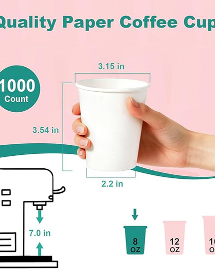 Coolcap 8 oz 500 Pack Disposable Coffee Cups, Bulk White Disposable Paper Cups, Coffee Cups for Hot Tea, Chocolate and Cold Drinks