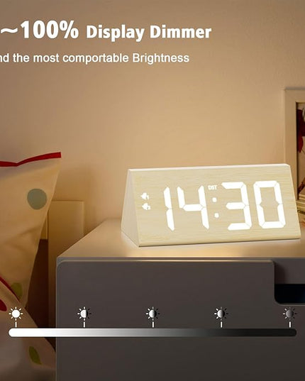 fomobest Wooden Digital Alarm Clock with Dual USB Charging Ports, DST, Dimmable, Snooze, Modern Large Time Display LED Clock for Kids Bedrooms, Living Room, Desk, Table, Bedside, Nightstand (Bamboo)