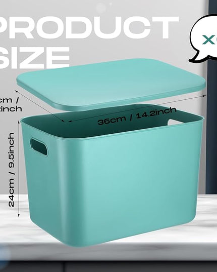 Hoolerry 8 Pieces Colorful Storage Bins with Lid, Plastic Storage Basket Organizing Container Stackable Box with Handle for Shelves Desktop Playroom Office(14.2 x 10.2 x 9.5 Inch,Green)