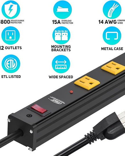 CRST 12-Outlet Metal Long Power Strip, Heavy Duty 1800 Joule Surge Protector Wall Mount Power Strip, 6FT Wide Spaced Workshop Garage Industrial Power Bar, 15A Circuit Breaker, ETL Listed