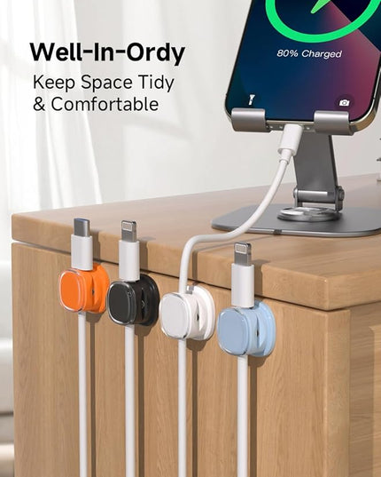 Magnetic Cable Clips, Adjustable Cord Holder Management, Adhesive Wire Keeper Organizer for Home Office Desk Phone PC Car Wall Desktop Nightstand Appliance (9-PCS White_Black_Orange_Blue)