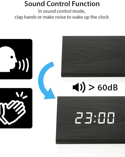 OCT17 Wooden Wood Clock, New Version LED Alarm Digital Desk Clock Adjustable Brightness, Alarm Time, Displays Time Date Temperature - Black